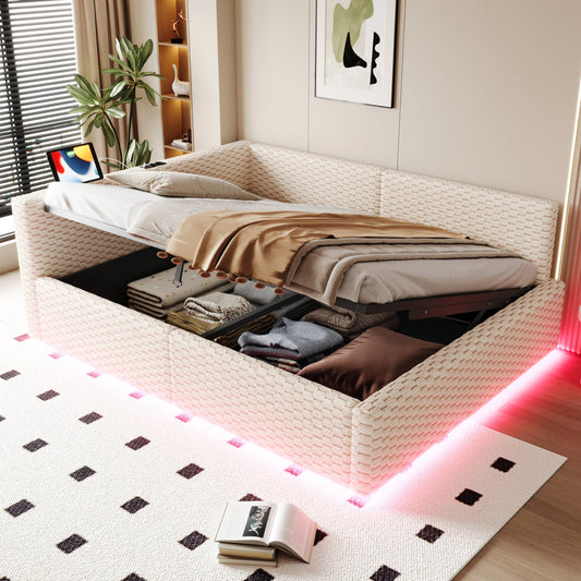 Upholstered Bed140 X 200 Cm, With LED Lighting, Tape-C And Two USB Ports, L-shaped Soft Backrest, Velvet Fabric, Hydraulic Bed Frame, Beige  Mattress Not Included