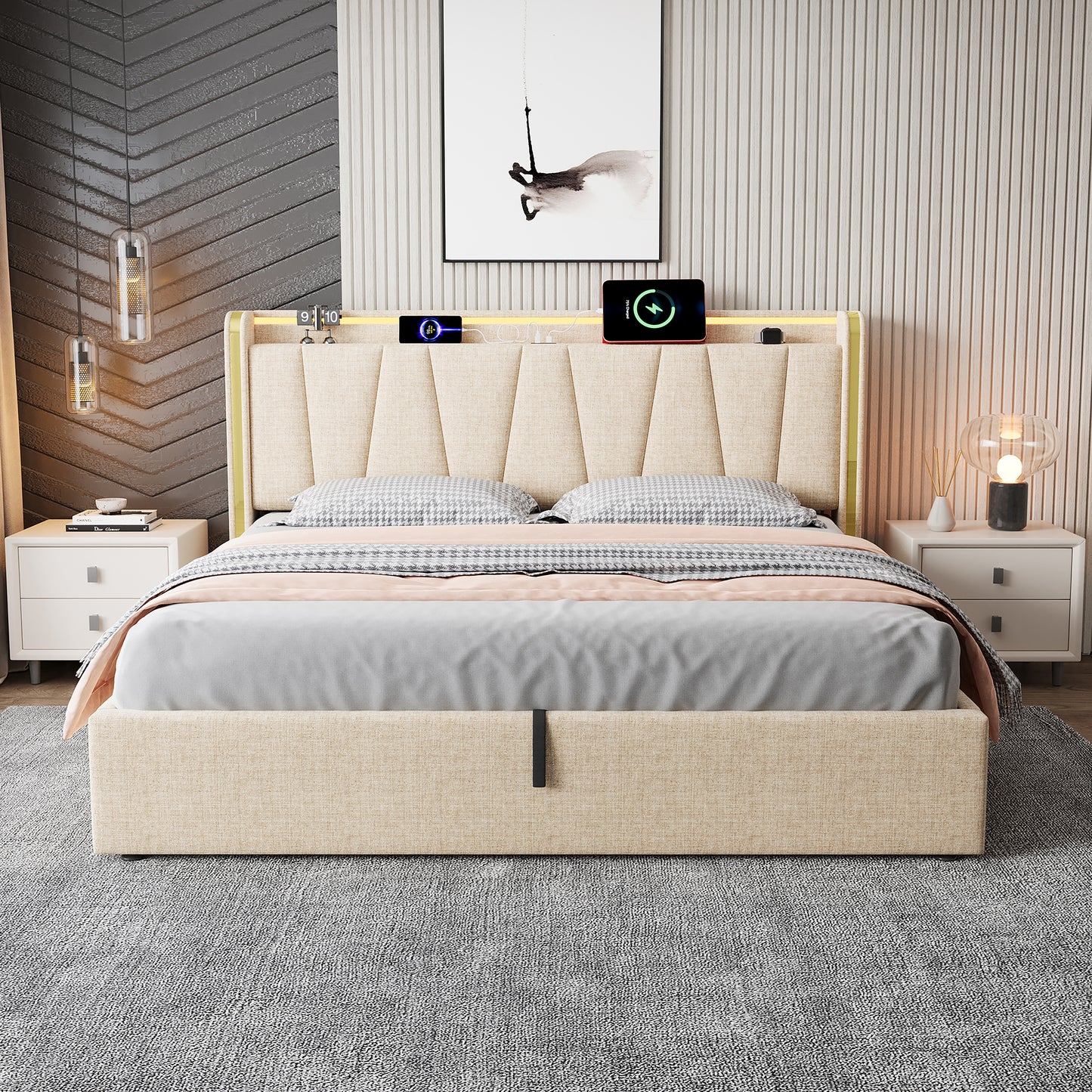 5ft King Upholstered Bed Frame With Hydraulic Storage, LED Headboard With Charging Station And Chrome Trim, USB And Type-C Ports, Linen, No Box Spring Needed, Beige No Mattress