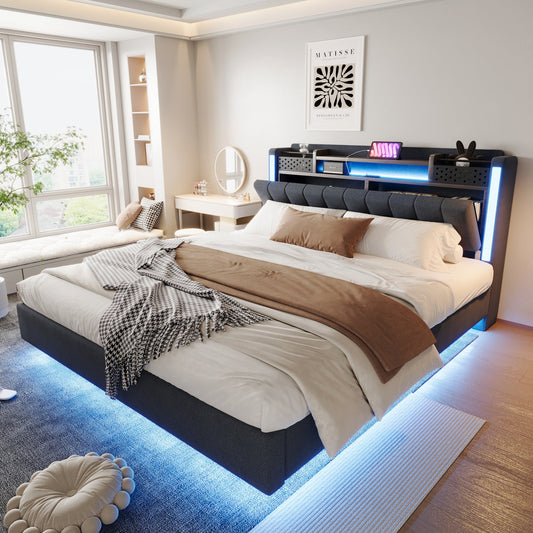Upholstered Bed 160X200 With LED Lighting And USB Socket, Headboard With Storage Space, Floating Bed Youth Bed Adult Bed, Linen Fabric, Grey