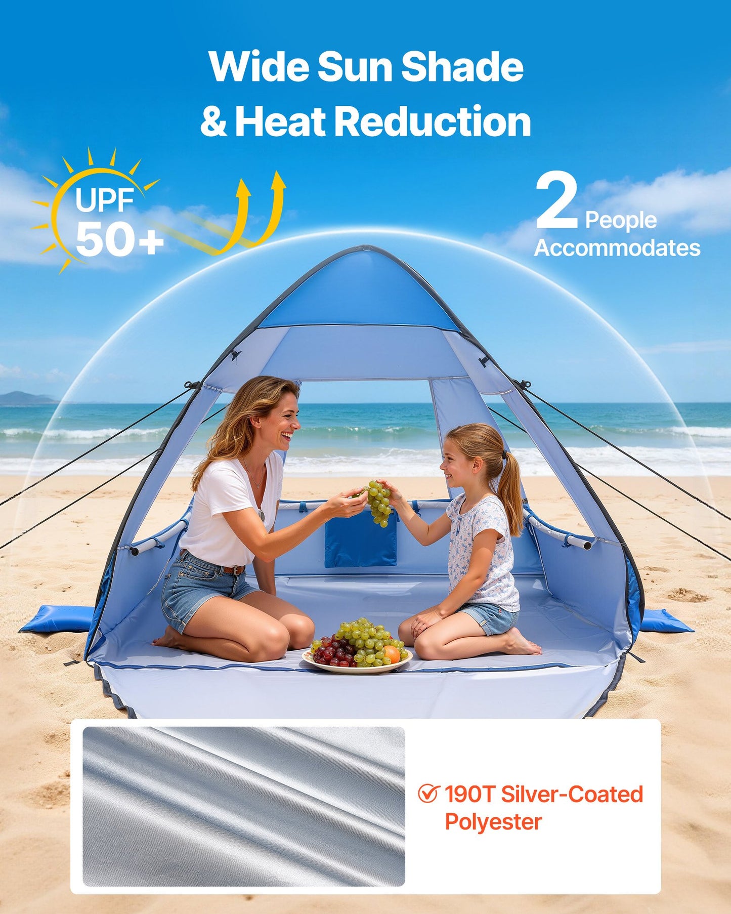 Beach Tent Sun Shelter For 2 Person, UPF 50+ Protection, Portable Sun Shade Canopy With Carrying Bag & Sand Pockets, Lightweight And Easy Setup Beach Umbrella For Camping Fishing Outdoor Picnic