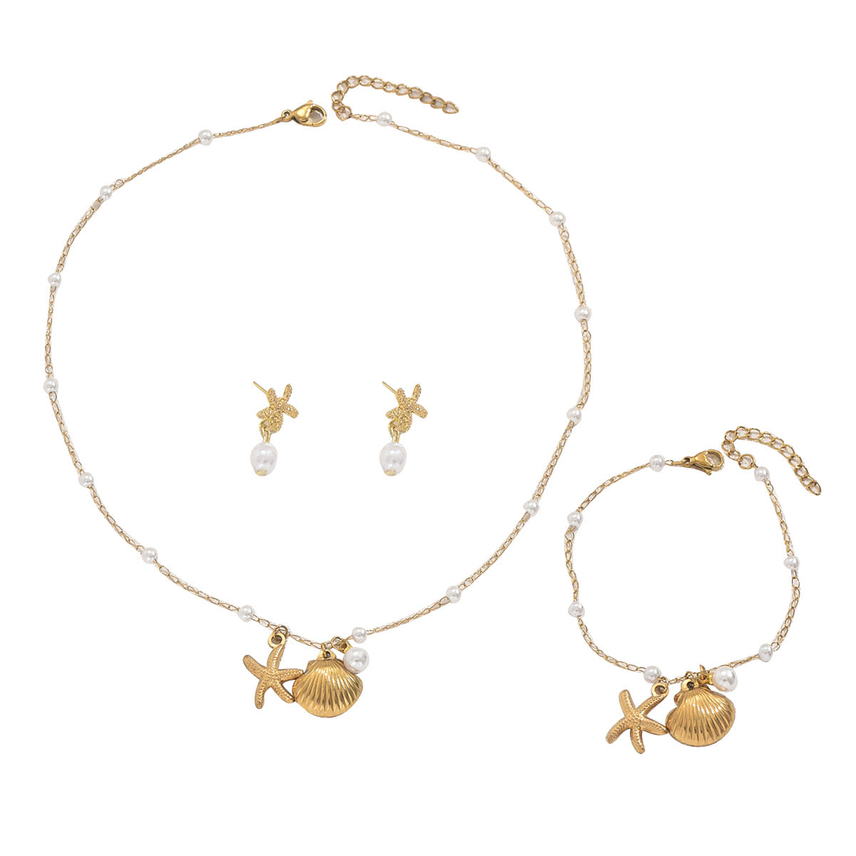 Cross-border European American Ocean Style Women Jewelry Set, Matching Necklace Earrings Bracelet With Shell & Faux Pearl, Trendy Versatile Beach Accessories For Ladies