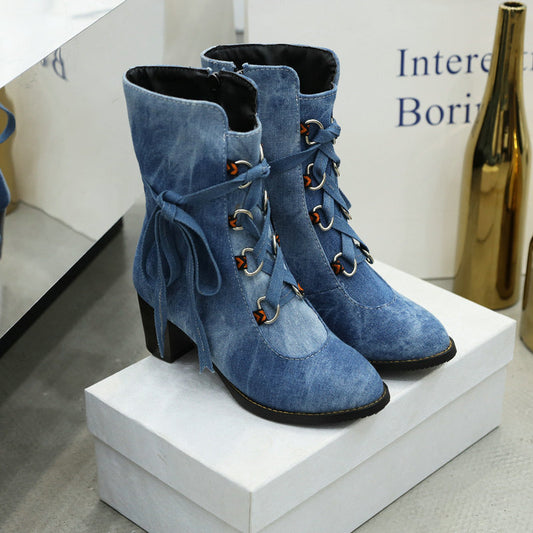 Womens Denim Winter Boots New Korean-Style Lace-Up Design