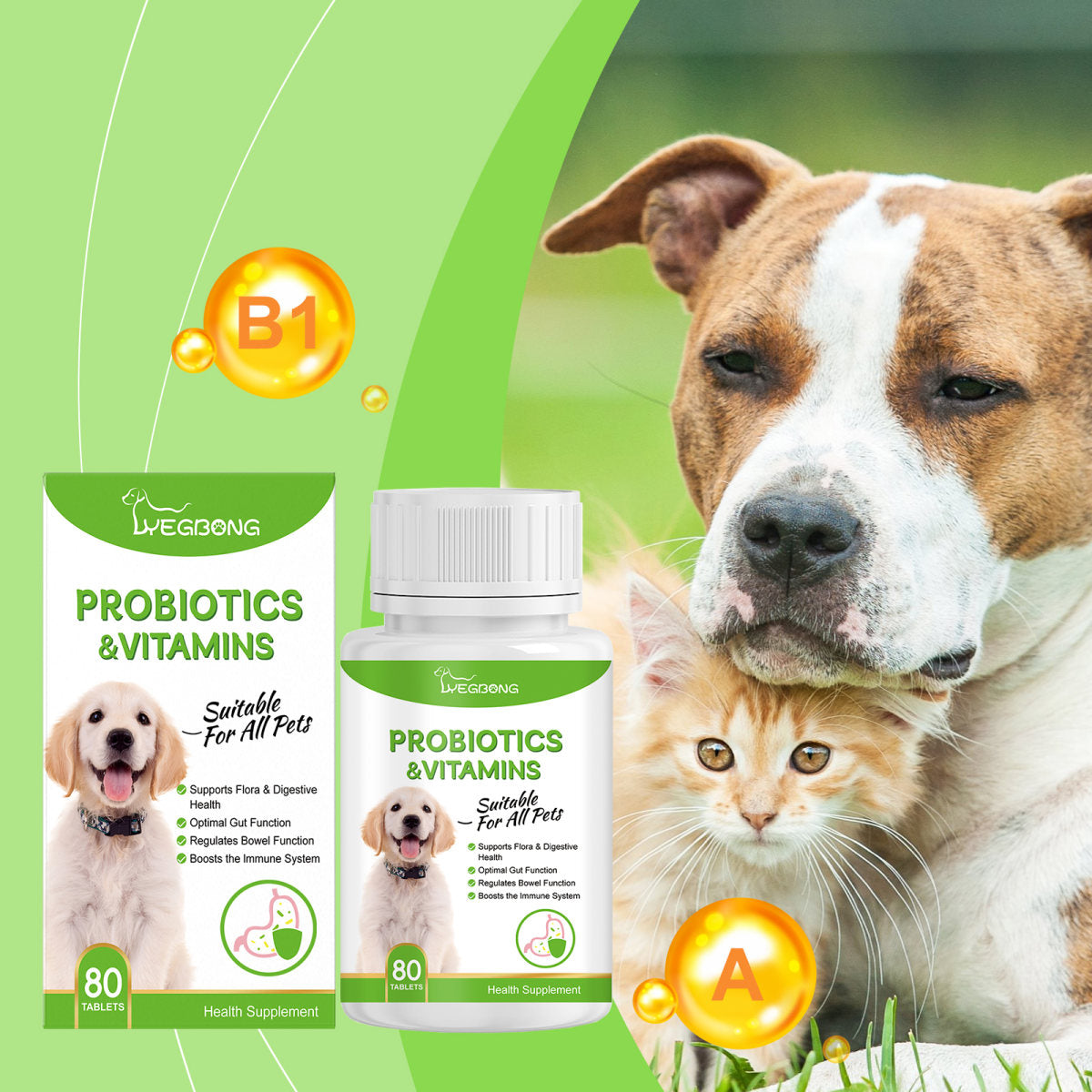 Pet Probiotics & Vitamin Tablets For Dogs & Cats, Gut Health Supplement, Support Digestion & Immune System, 80 Chewable Tablets
