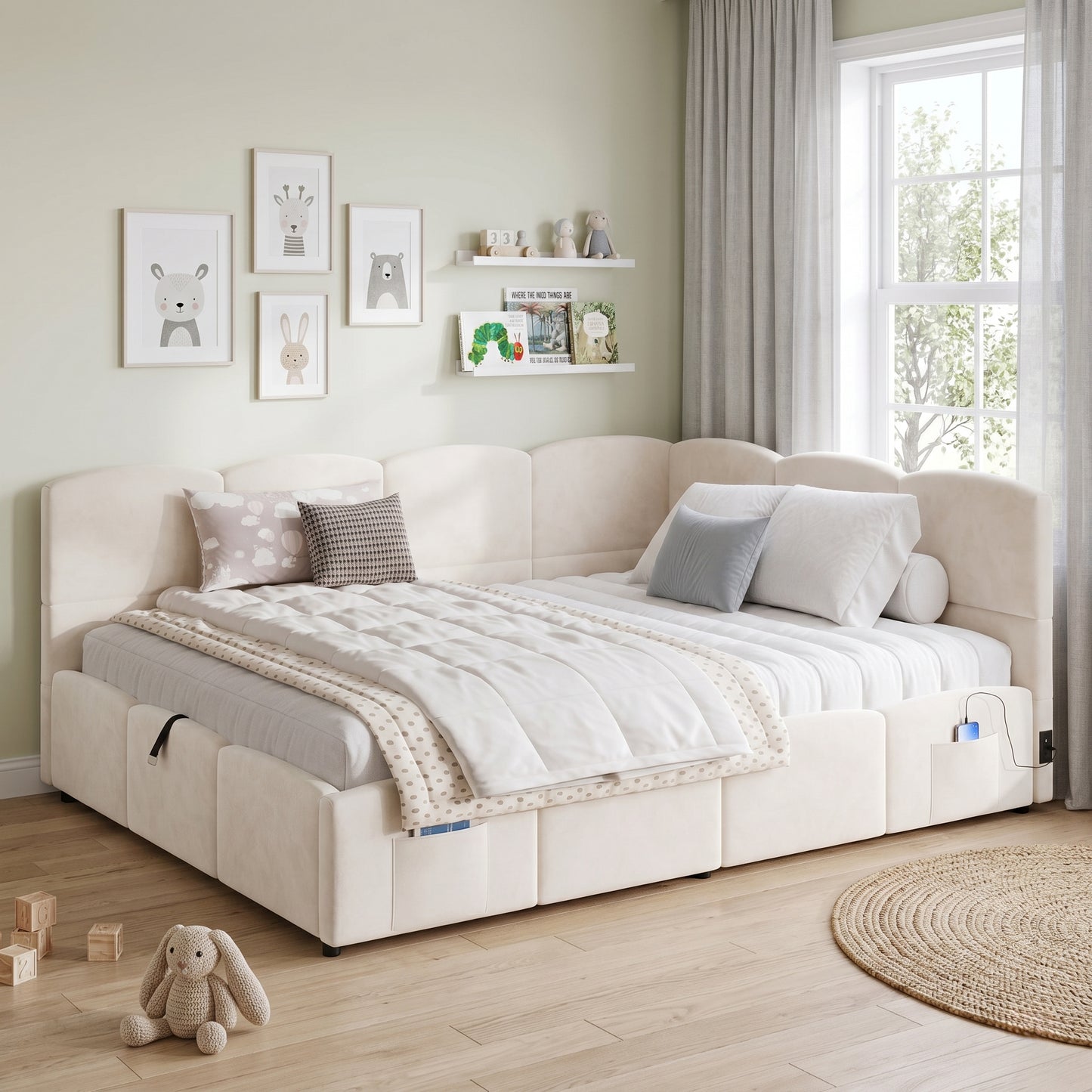 Sofa Bed, Children's Bed, Day Bed, Storage Room Bed, Sleeping Sofa 140x200 Cm, With Latte Bed, USB Charging Device, Storage Pocket, Youth Bed And Adult Children's Bed, Velvet, Beige Without Mattress