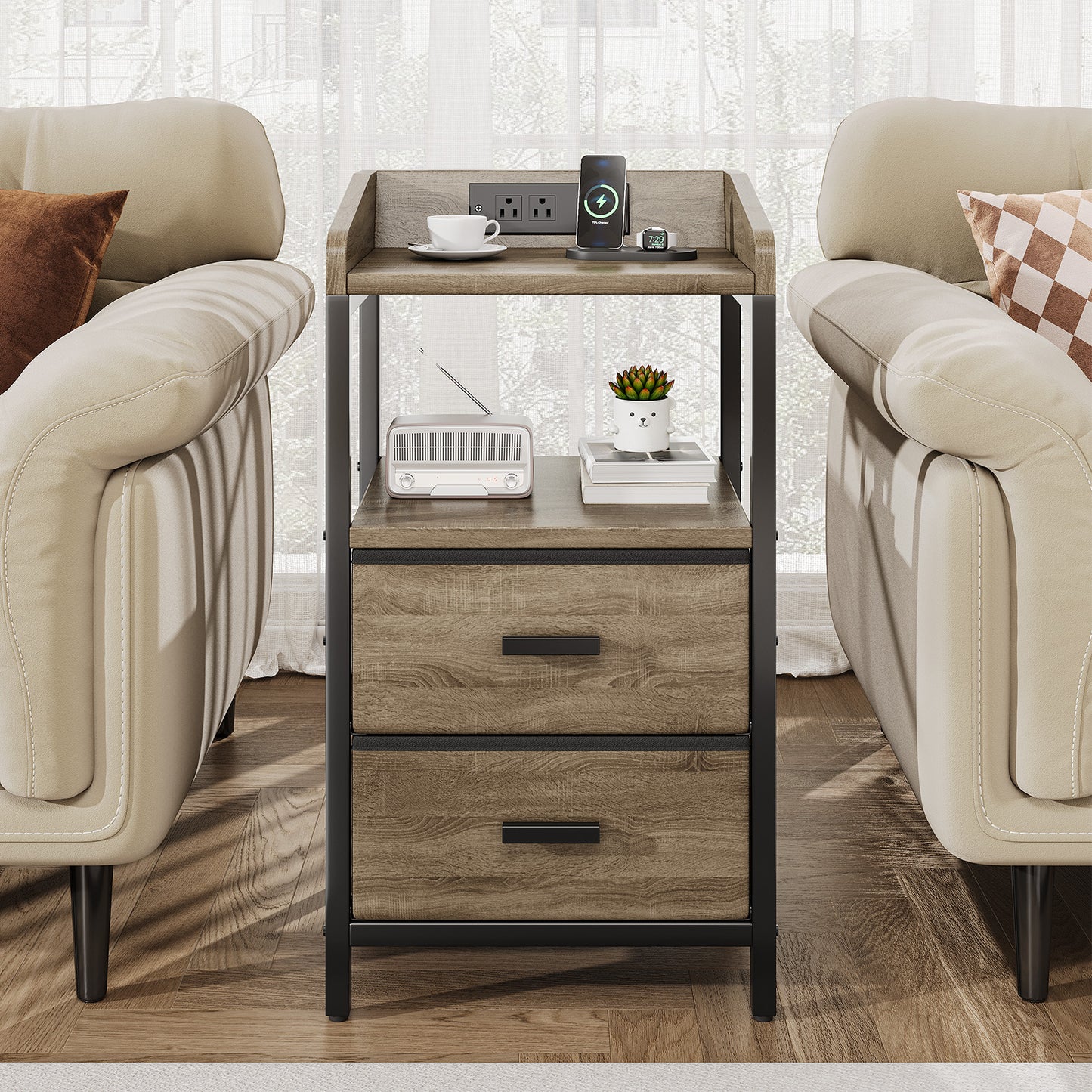 Nightstand With Charging Station Modern Bedside End Side Table With Guardrail Storage Shelf 2 Fabric Drawers USB Ports AC Outlets