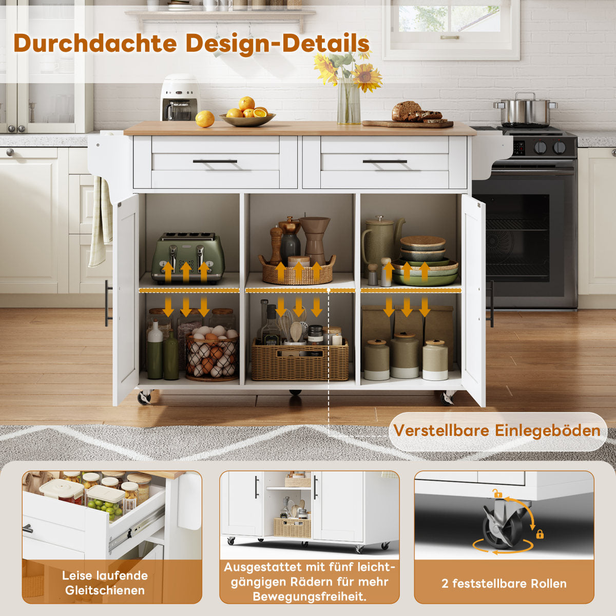 145 X 45 X 94.5 Cm, Multifunctional Mobile Kitchen Island With Folding Worktop, Adjustable Shelves, 5 Wheels, Concealed Cutlery Drawer  Suitable For Kitchens, Dining Rooms, Living Rooms, Etc.