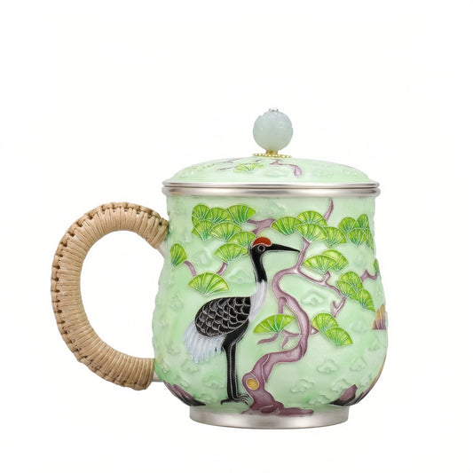 925 Sterling Silver Oriental Crane and Pine Tree Enamel Tea Mug with Woven Handle and Finial Lid - Handicraft