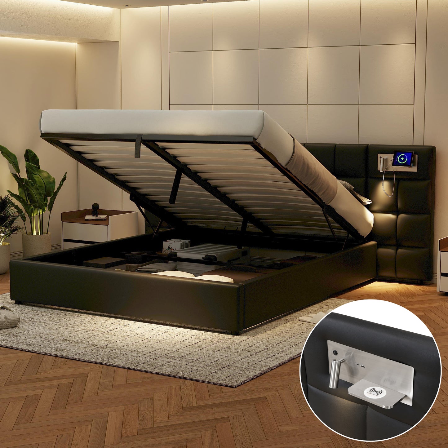 Upholstered Bed 180 X 200 Cm, Hydraulic Bed, With USB Port & Wireless Charging & Illuminated Lamp, With Storage Space, For Adults & Teenagers, Wooden Slatted Support, Easy Assembly, PU, Black
