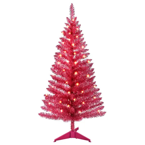 4FT Red Christmas Tree With 50 UL Lights, 122 PVC Tips – Prelit Artificial Holiday Tree For Indoor Decoration, Small Space, Tabletop, Apartment, Or Office