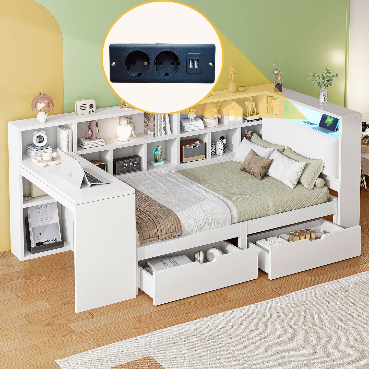 90x200 L-Shaped Wooden Platform Bed With Desk And Bookcase, Corner Captain's Bed With Upholstered Headboard, Under-Bed Drawers, LED Light - White