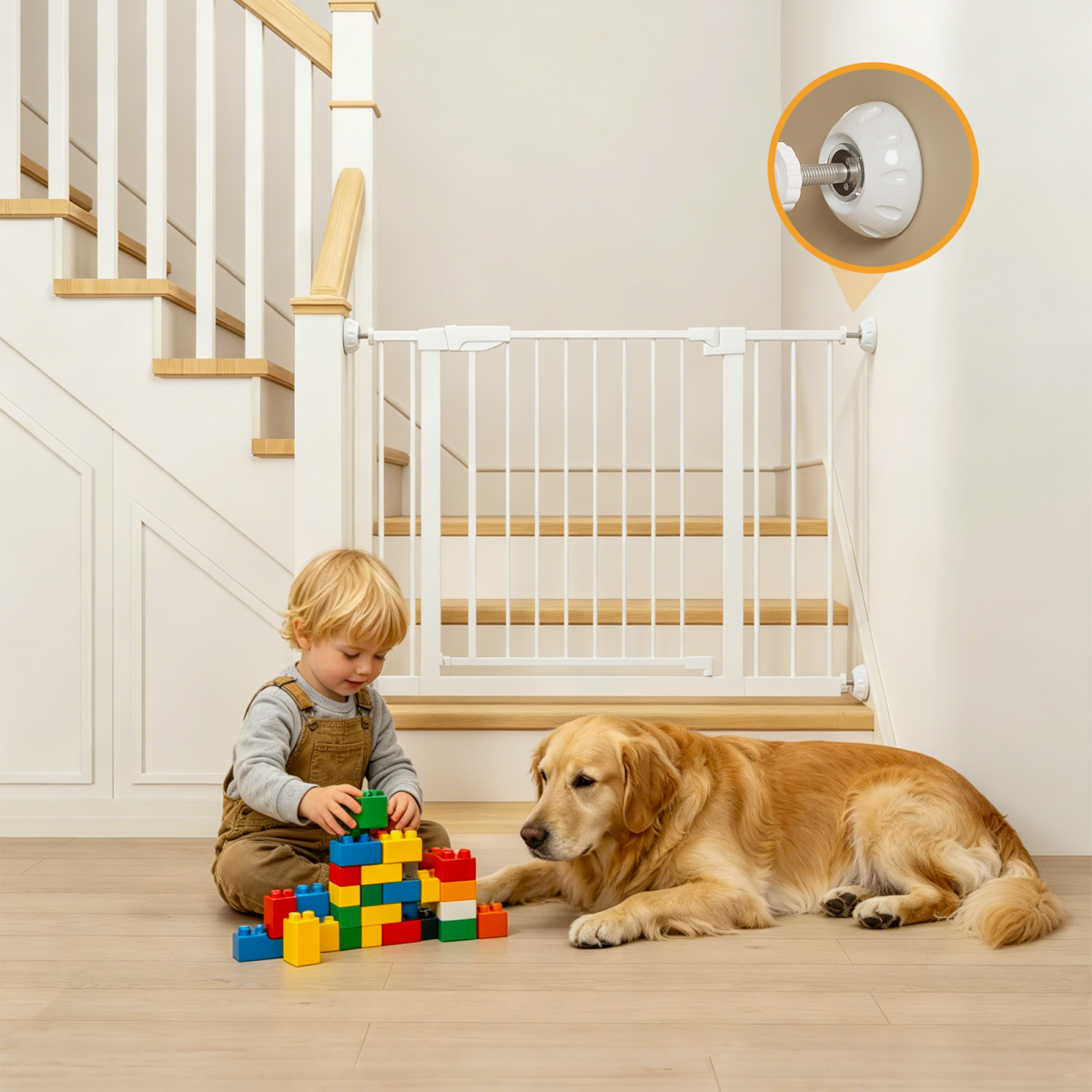 29.5-45.3" Wide Baby Gate with wall protector for Stairs, Dog Gate Indoor for Doorways, No Drilling Pressure Mounted Pet Gates for Kids, Easy Walk Through Safety Gate, White