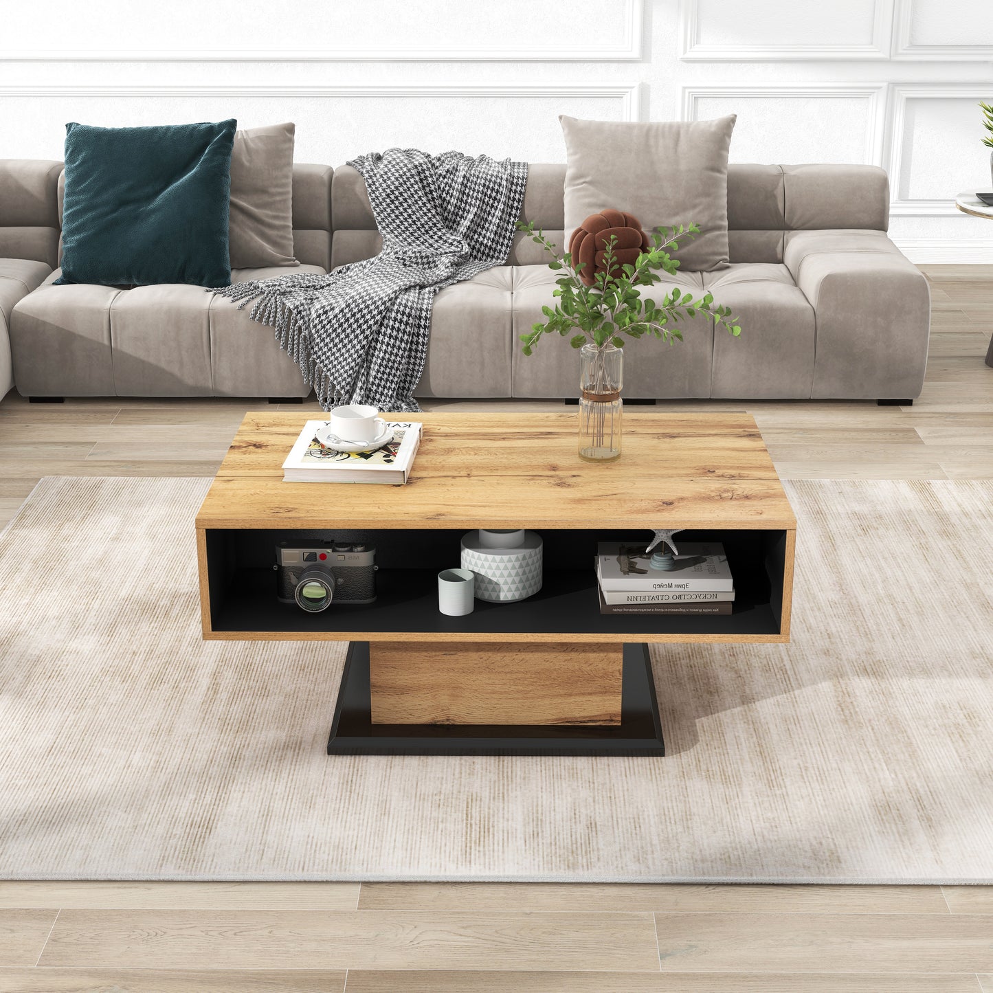Wood Grain Coffee Table, With A Handleless Drawer, A Storage Compartment And Rear Storage Compartment, Double-sided Storage. Office, Living Room Coffee Table, Large Storage Space.