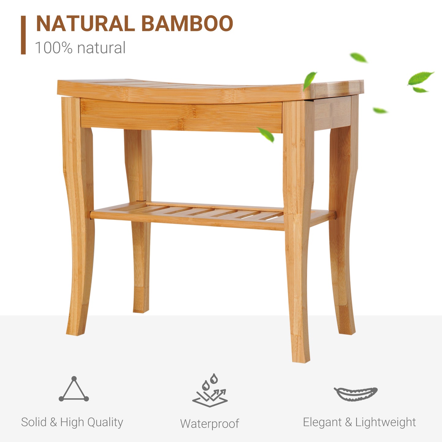 45cm 2-Tier Slatted Shower Bench Storage Seat W/ 4 Legs Comfortable Safe Bathroom Stool Spa Bath Organiser