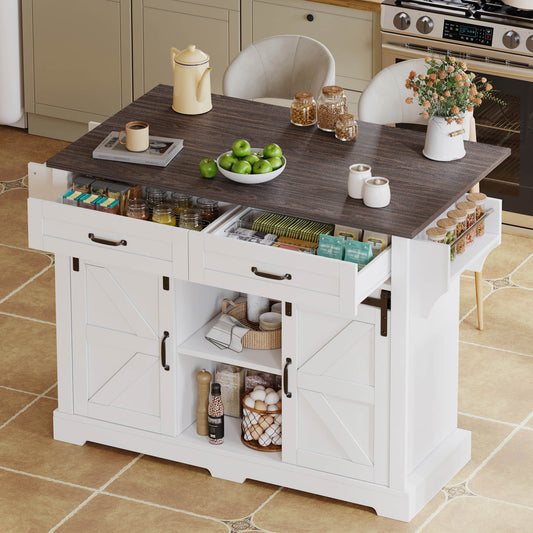 Kitchen Island With Folding Worktop, Kitchen Trolley On Wheels, Kitchen Cabinet With 2 Sliding Doors And 2 Drawers, Barn Style, White, Kitchen Storage Cabinet, 120x45 X91 Cm