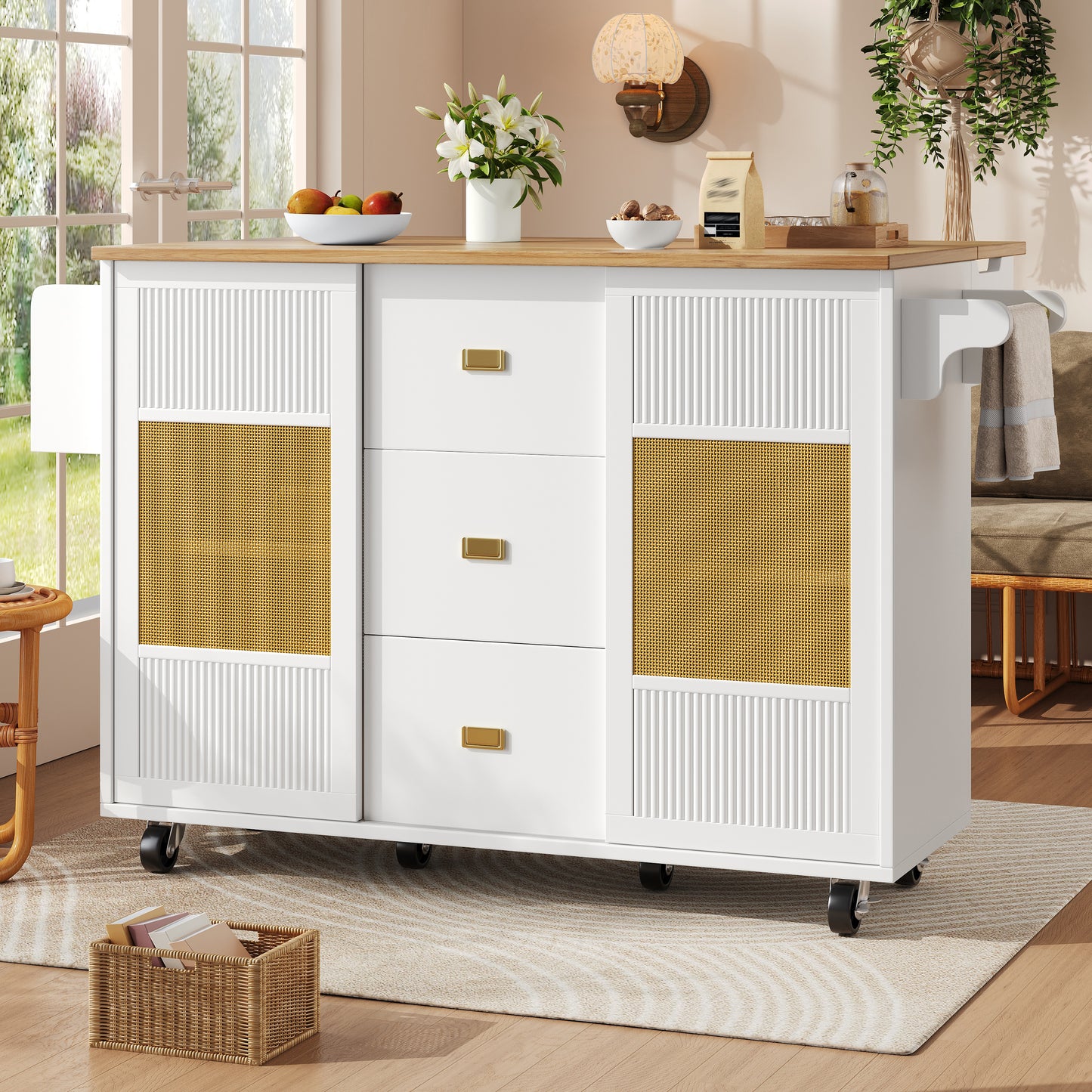 Kitchen Island, Kitchen Furniture, Kitchen Cabinet Kitchen Island Freestanding, Buffet Cabinet, 120x73 X90cm, Extendable Kitchen Trolley With Wheels, Towel Rail, Spice Rack, Adjustable Shelves, Whi