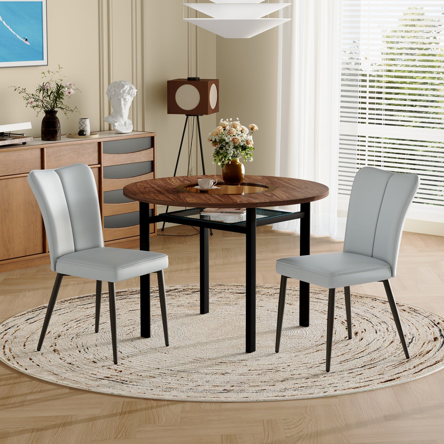 Modern Minimalist Round Dining Table Set  With 2 Light Grey PU Chairs , Round Table With 100 Cm Diameter In Wood Look, Suitable For Dining Room And Kitchen.