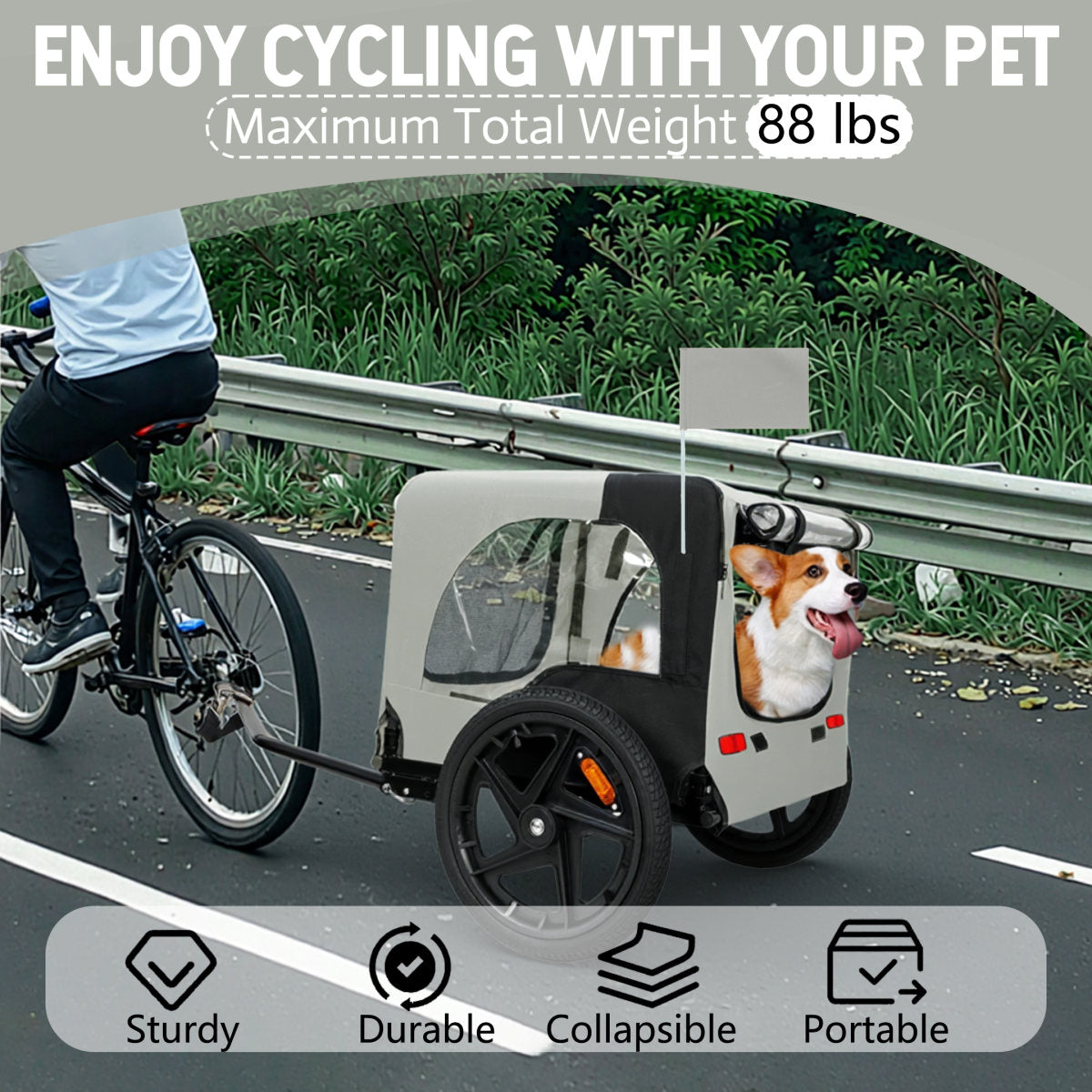 Outdoor Heavy Duty Collapsible Pet Bike Trailer With 16-Inch All-Terrain Wheels  Universal Hitch  Foldable Dog Cargo Carrier Cart For Bicycles, Black Grey