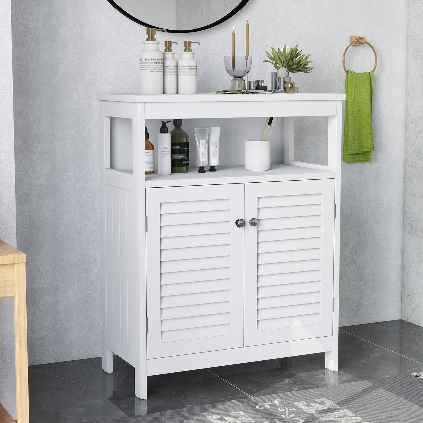 Bathroom Storage Cabinet White Water Proof Wooden Freestanding Cabinet With Removable Shelf Shutter Doors For Home Hotel White