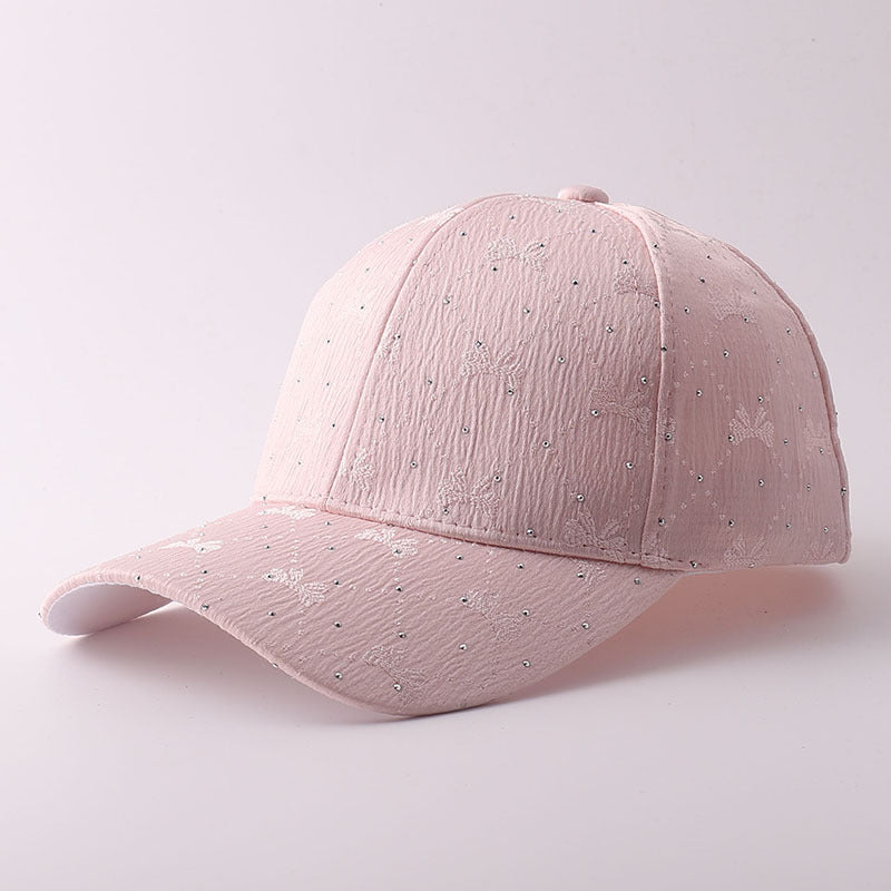 Korean-style Soft Style Bow Tie Rhinestone Baseball Cap With Textured Pleats And Breathable Brim Outdoor Versatile Hat For Outings With A Curved Brim