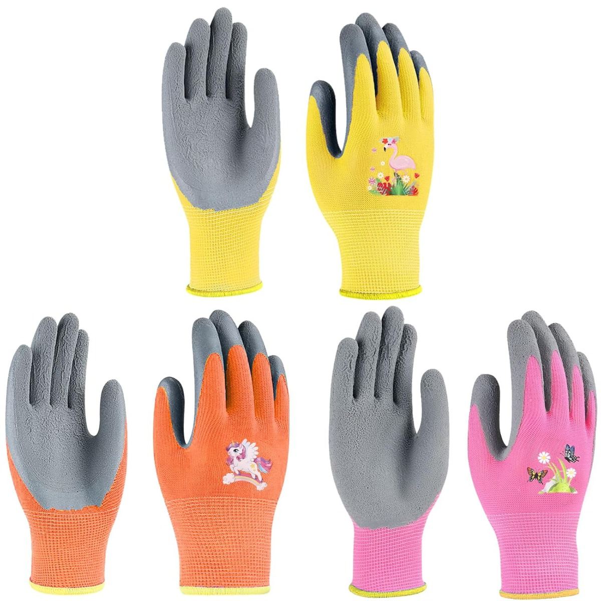 3 Pairs Of Small Gardening Gloves – Stretchy Fit, With Unicorn And Flower Patterns, For Outdoor Activities
