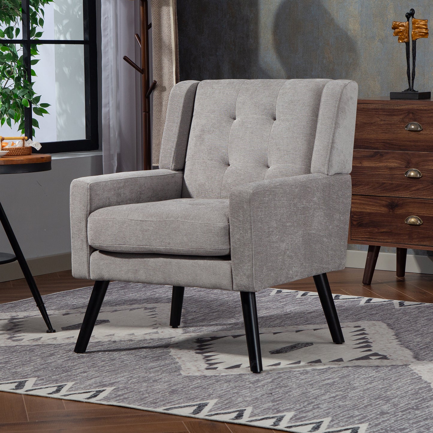 Upholstered Chair With Button Upholstery In Suede - Mid-Century Modern Armchair With High Density Foam Cushions And Solid Wood Legs For Small Spaces Living Room, Bedroom, Office