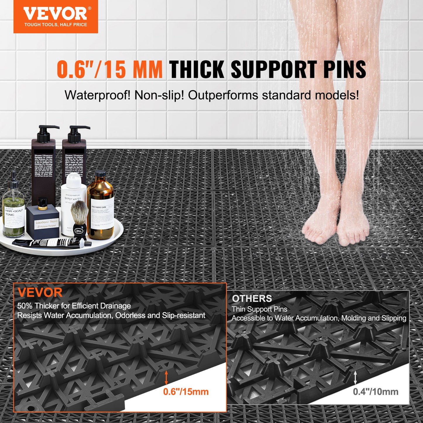 Modular Interlocking Cushion, 55 Pack 30 X 30 Cm Splicing Drainage Mats, Soft PVC Interlocking Drainage Floor Tiles, Non-Slip Drainage Holes For Restroom, Bathroom, Kitchen, Pool, Wet, Black