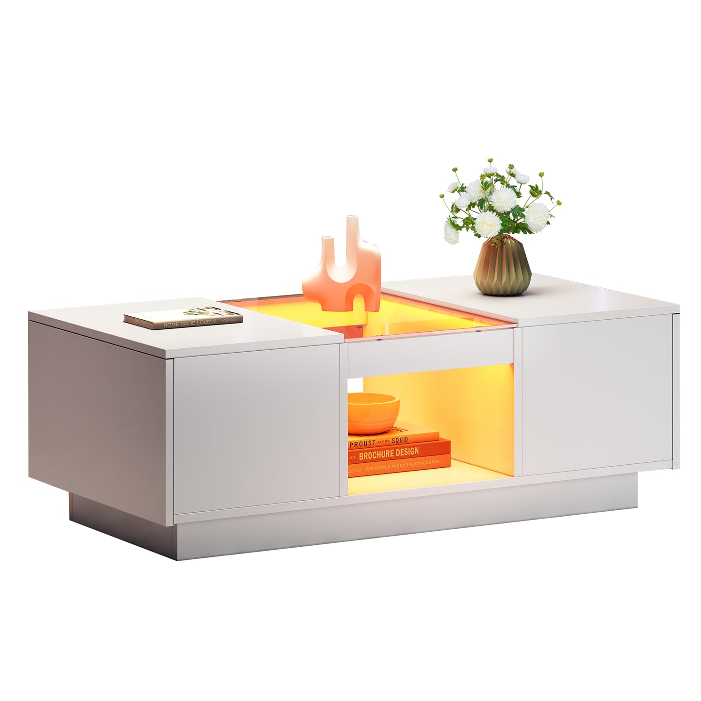 White Coffee Table 100x50x35.5 Cm -With Glass Cladding, LED Lighting, App Control, 2 Drawers And 1 Open Compartment