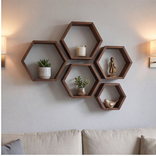 Set Of 5 Walnut Floating Shelves, Hexagonal Wall Shelves—Decor For The Living Room And Party Accessories