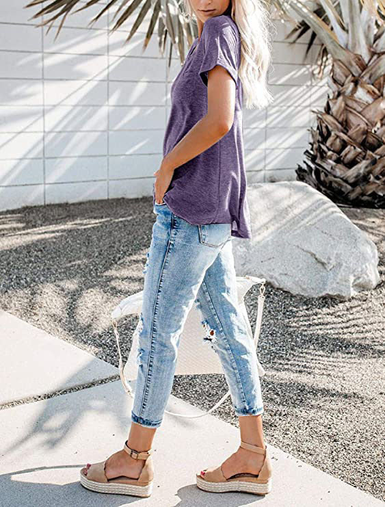 Women's Henley Neck Button Detail Curved Hem Pocket Decor Casual Short Sleeve T-Shirt