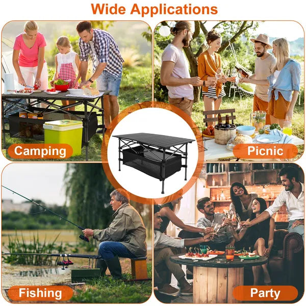 220 Lbs Folding Camping Table - 30-Second Tool-Free Setup, Aluminum Roll-Top & Steel Frame, Detachable Mesh Basket, Portable Outdoor Picnic&BBQ&Beach Table With Carry Bag