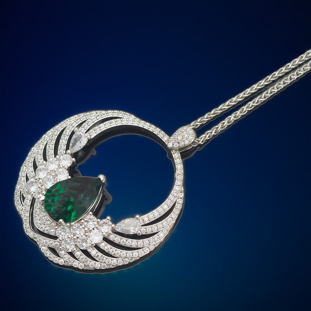 Pear Cut Simulated Emerald Wing Circle Pendant Necklace For Women, Copper Plated Silver Full Pave White Cubic Zirconia Luxury Angel Wing Wedding Bridal Statement Jewelry Gift