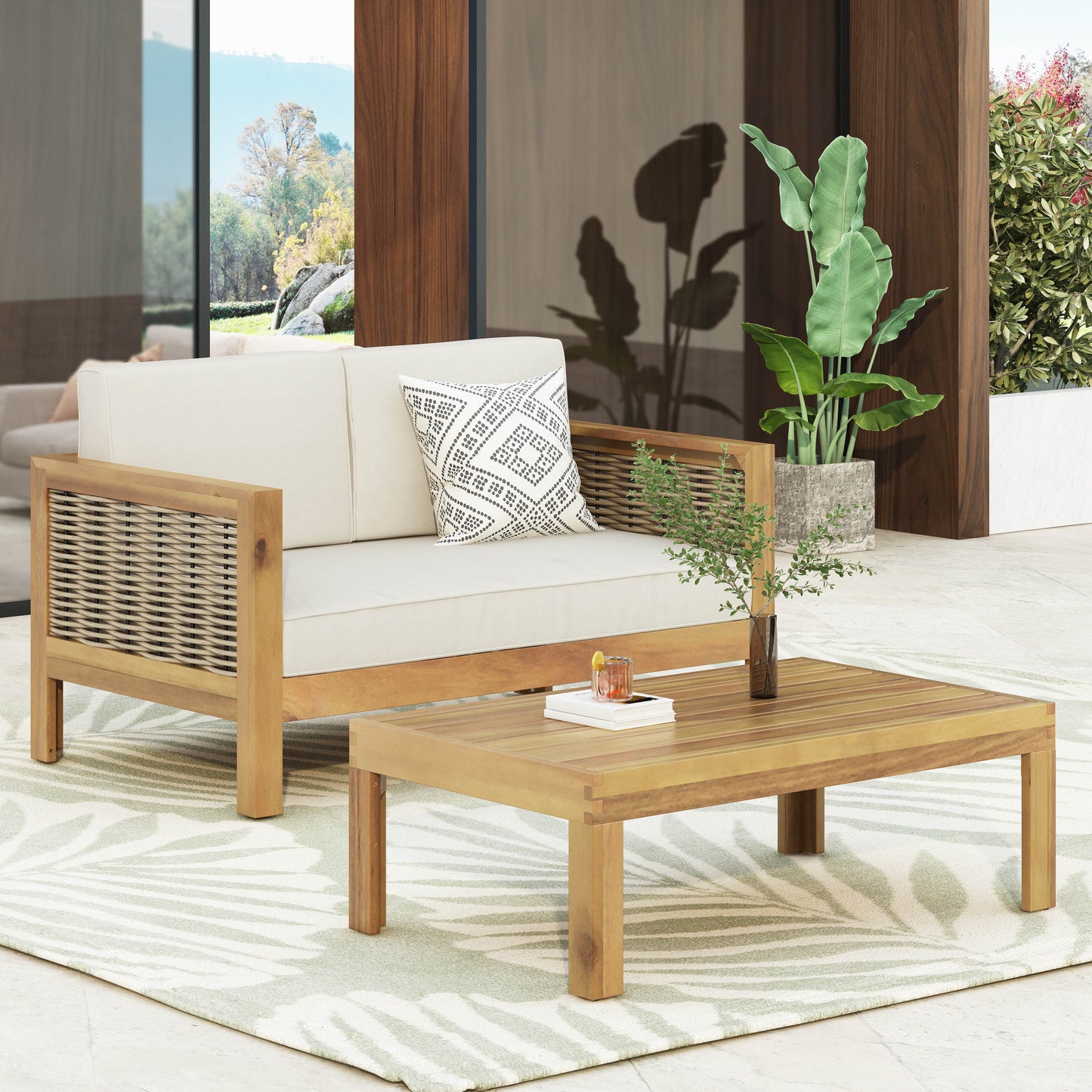 Outdoor Acacia Wood And Wicker Loveseat And Coffee Table Set With Cushions, Teak   Beige