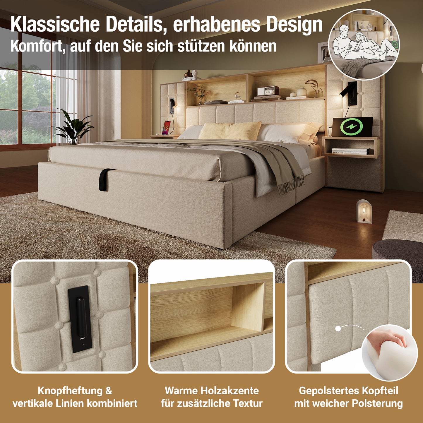 Upholstered Bed 160x200 With Storage Space, System Bed Beige, LED & 2 Reading Lamps, 2 Integr. Bedside Tables, USB Type-C Charging Port, Linen Fabric, Incl. Slatted Frame, Without Mattress