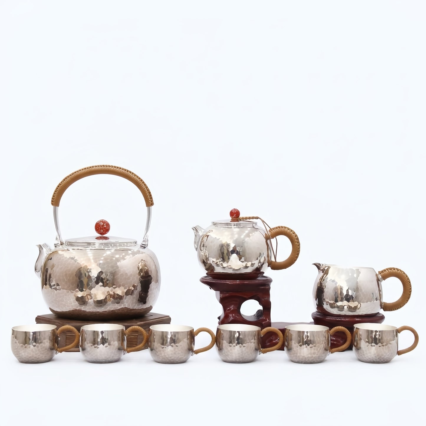925 Sterling Silver Traditional Artisanal Tea Set with Hammered Metal and Woven Handles - Handicraft