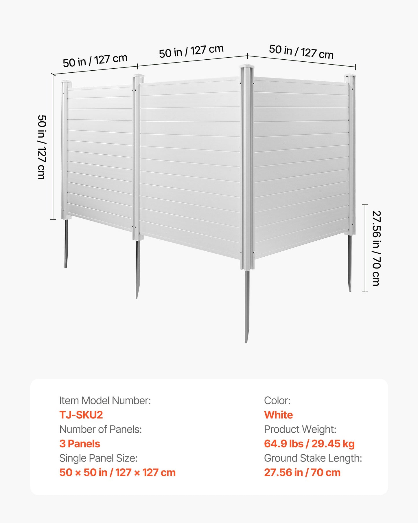 3 Panels Outdoor Privacy Screen, 50 X 50 In Air Conditioner Fence With 27.6 In Ground Stakes, Pool Equipment Enclosure, Horizontal Vinyl Privacy Fence, Ideal For Trash Can And A/C Units, White