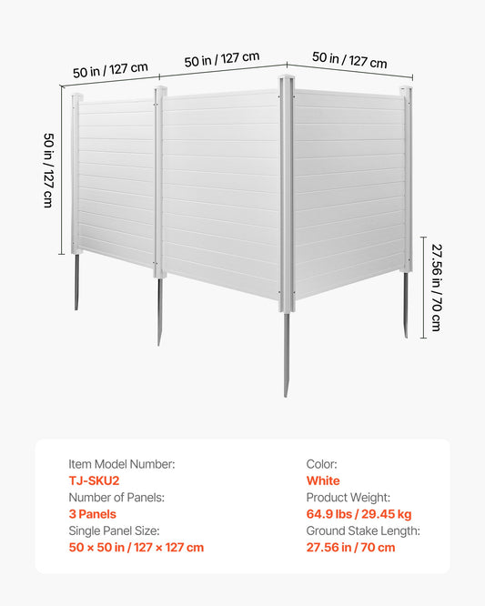 3 Panels Outdoor Privacy Screen, 50 X 50 In Air Conditioner Fence With 27.6 In Ground Stakes, Pool Equipment Enclosure, Horizontal Vinyl Privacy Fence, Ideal For Trash Can And A/C Units, White