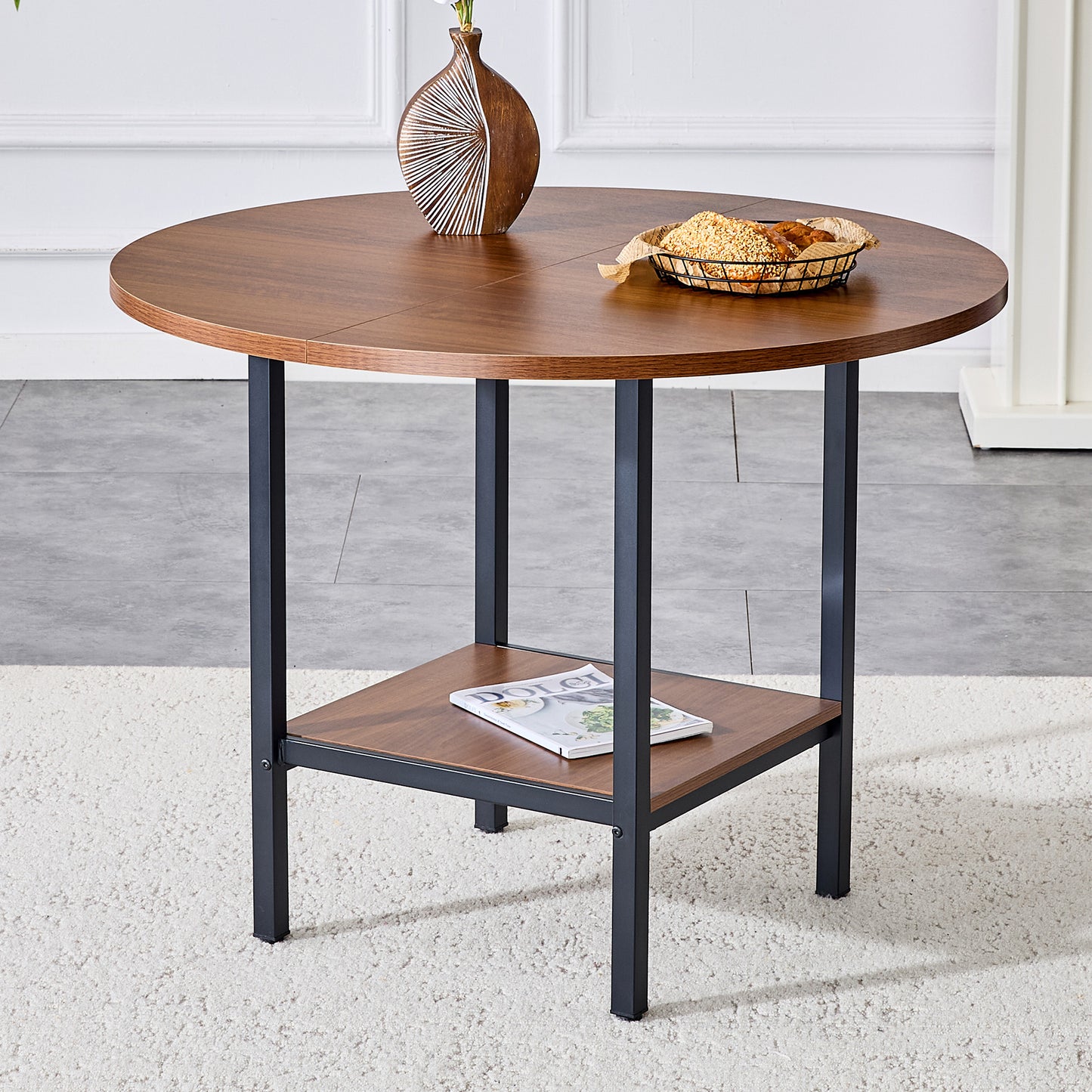 Modern Round Dining Table With Storage Shelf, Walnut Wood Grain & Metal Frame, 100cm Diameter, 4-6 People, Ideal For Kitchen, Dining Room & Small Rooms