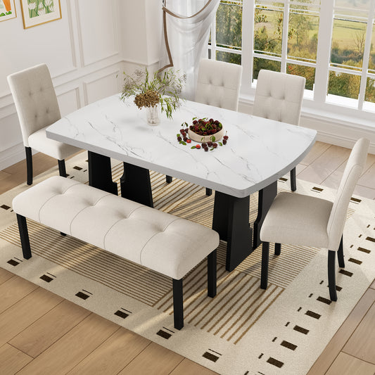 6 Piece Modern Dining Table Set, 63  Faux Marble Dining Table With Geometric Legs & 4 Upholstered Chairs & 1 Bench, Suitable For Dining Kitchen Room,Easy To Assemble, Beige   White