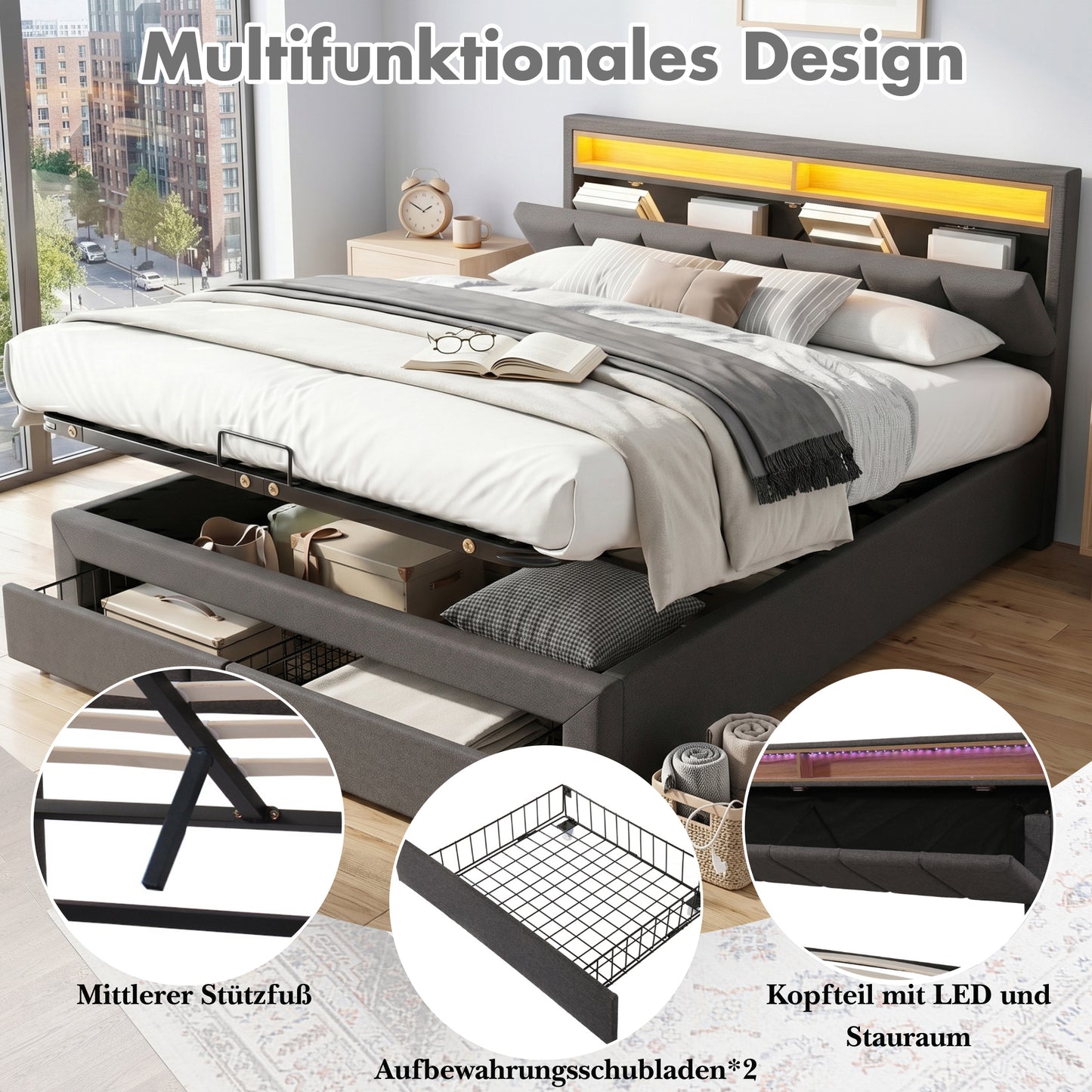 Upholstered Bed With LED Lighting,Hydraulic Storage Bed With Bed Box,Drawers And Storage Compartments,Stowable Headboard Made Of Foam,Double Bed Made Of Steel Frame,Linen,180x200cm,Grey