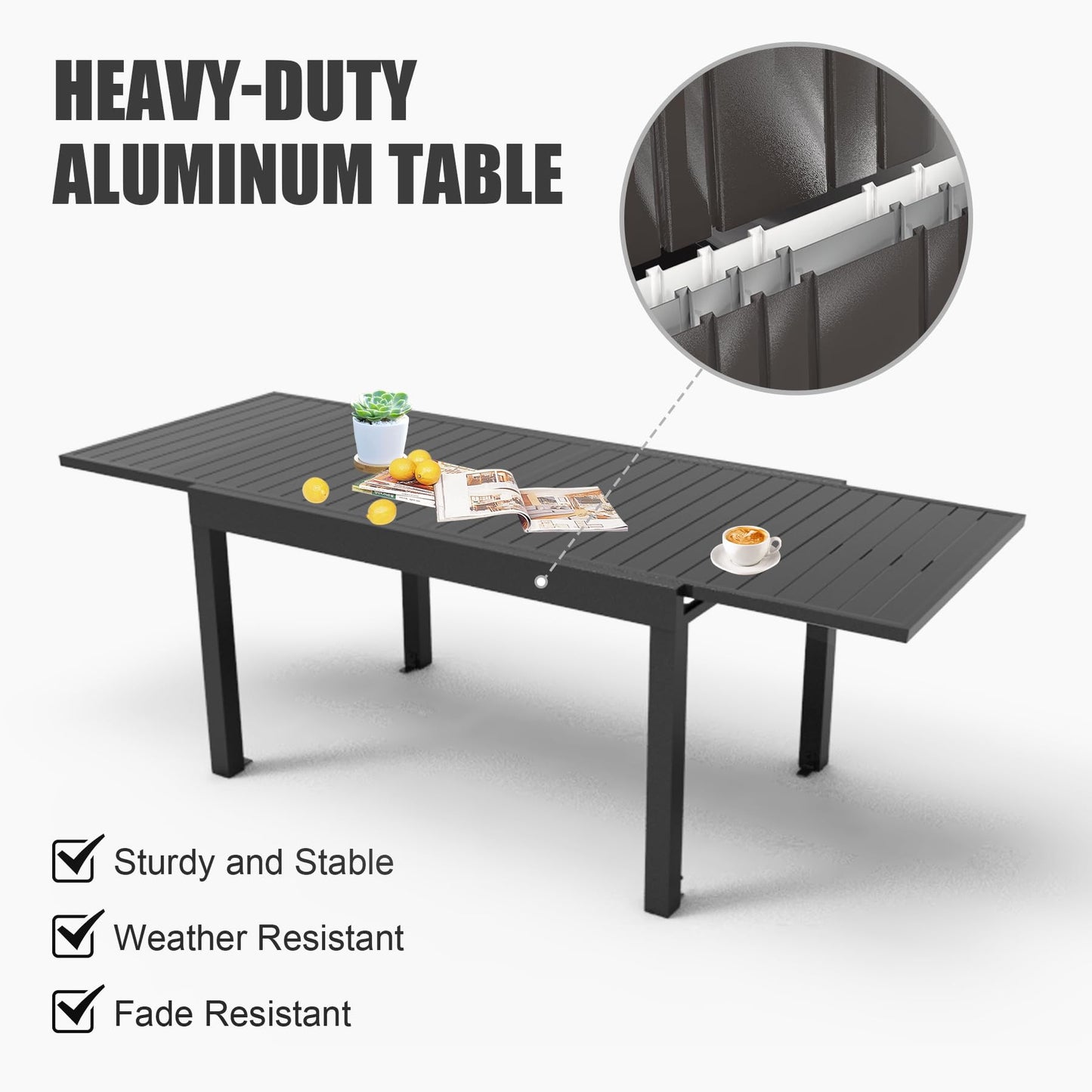 Aluminum Patio Extendable Dining Table 35  - 71  , Adjustable Indoor Outdoor Patio Dining Table With E-Coating For 4-6 Person Garden Lawn Porch Bistro Furniture, Dark-Gray