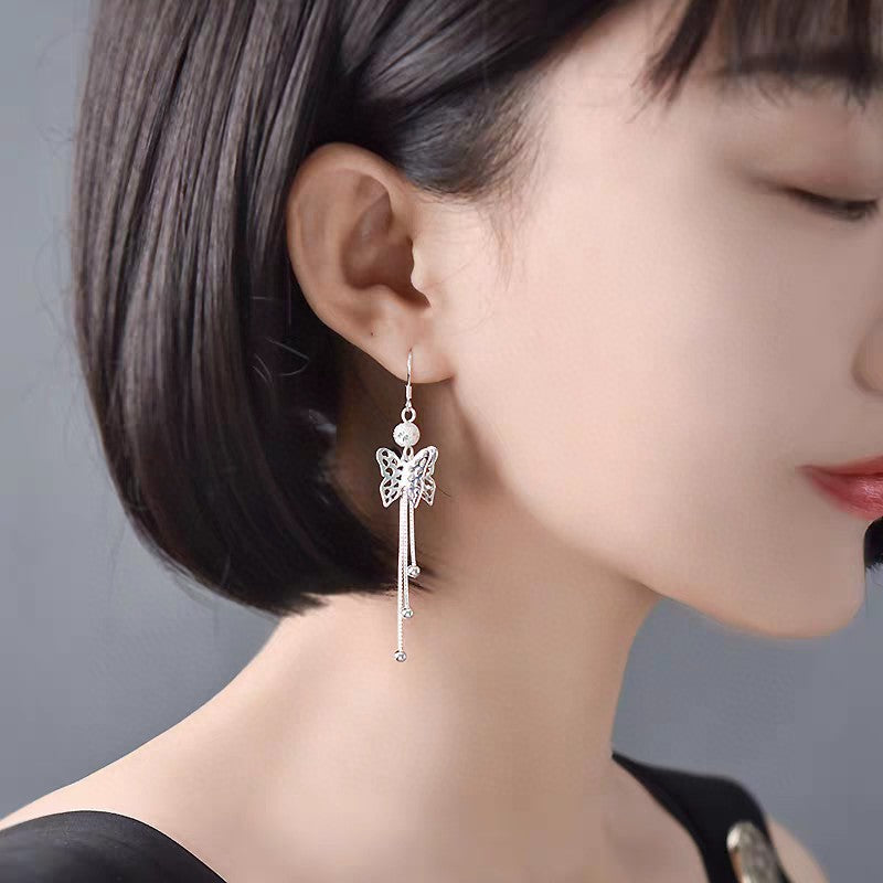 1 Pair Sterling Silver Hollow Butterfly Long Tassel Earrings, Elegant & Slimming, Perfect For Daily, Party & Dating, Ideal Valentine's Gift