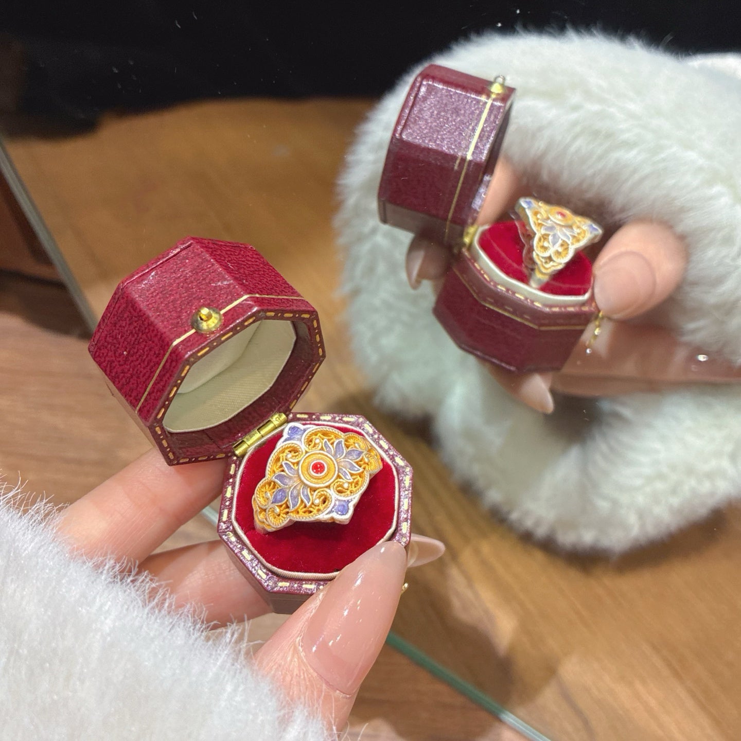 1pcs 999.9 Sterling Silver Filigree Enamel Flower Statement Ring, Luxury Retro Style, Ideal For Birthdays & Holiday Gifts