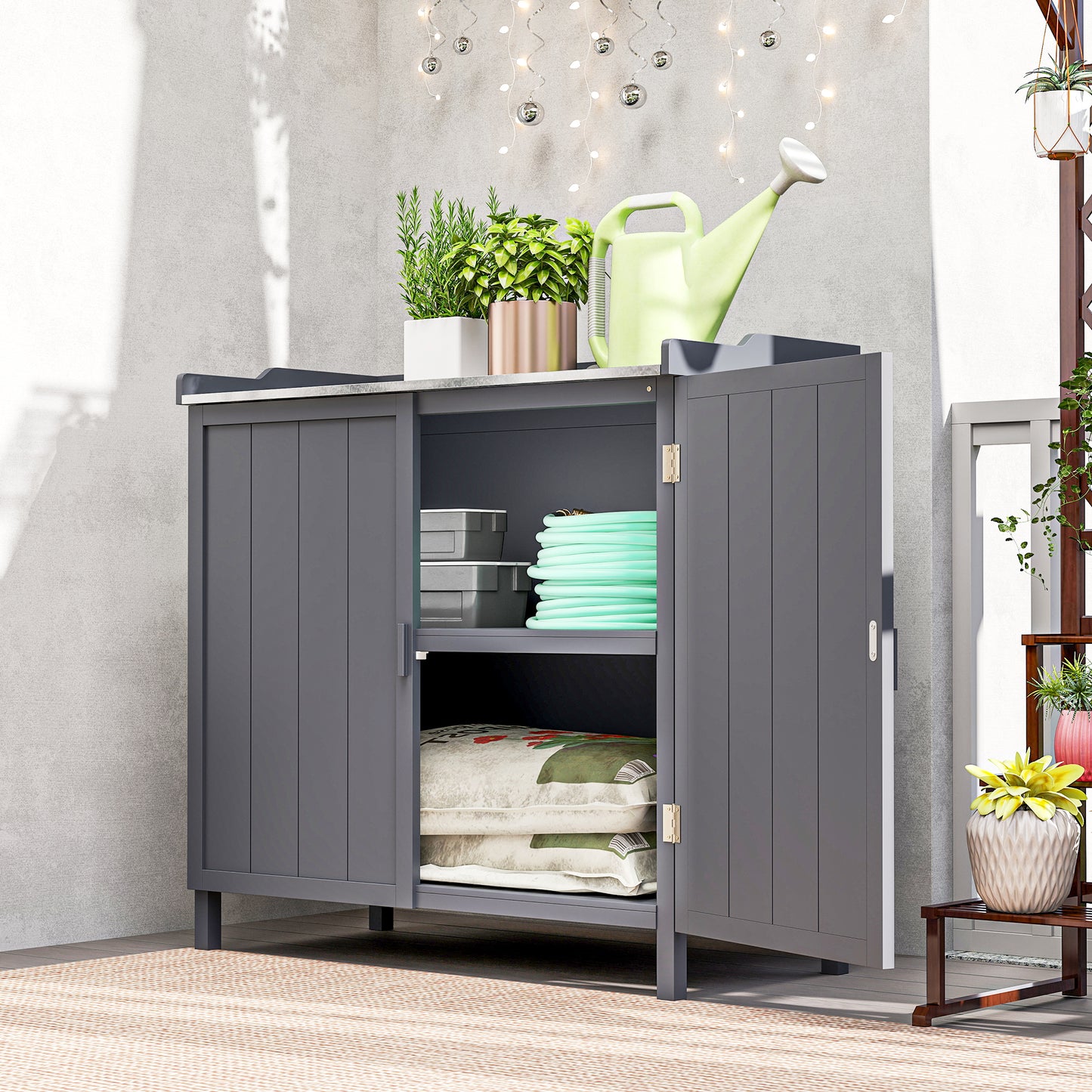 Wood Garden Storage Cabinet, Outdoor Tool Shed, Potting Bench Table With Galvanized Top And Two Shelves For Yard Tools Or Pool Accessories, Grey