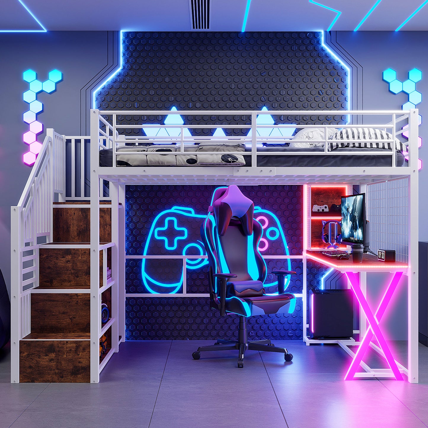 Loft Bed, 140x200cm, With LED Lights, Storage Ladder, Desk, Wardrobe, Shelves, Without Mattress, White