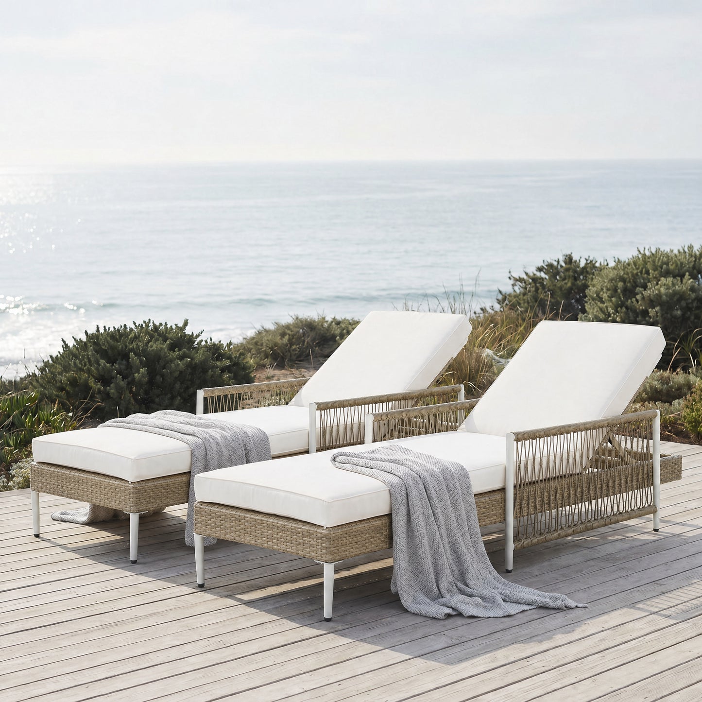 TOPMAX Outdoor All-Weather PE Rattan Chaise Lounge, Minimalist Patio Wicker Lounge Chair With 6 Gear Adjustable Recliner, Arms And Cushion For Poolside, Deck, Set Of 2, Beige