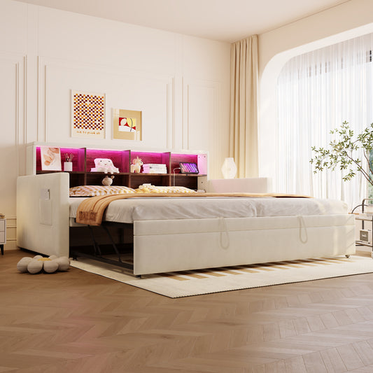Upholstered Bed Sofa Bed 90x190cm, Headboard With Integrated Storage Compartments, LED Light Strip And Charging Sockets, With Pull-out Bed, Velvet Upholstery, Beige
