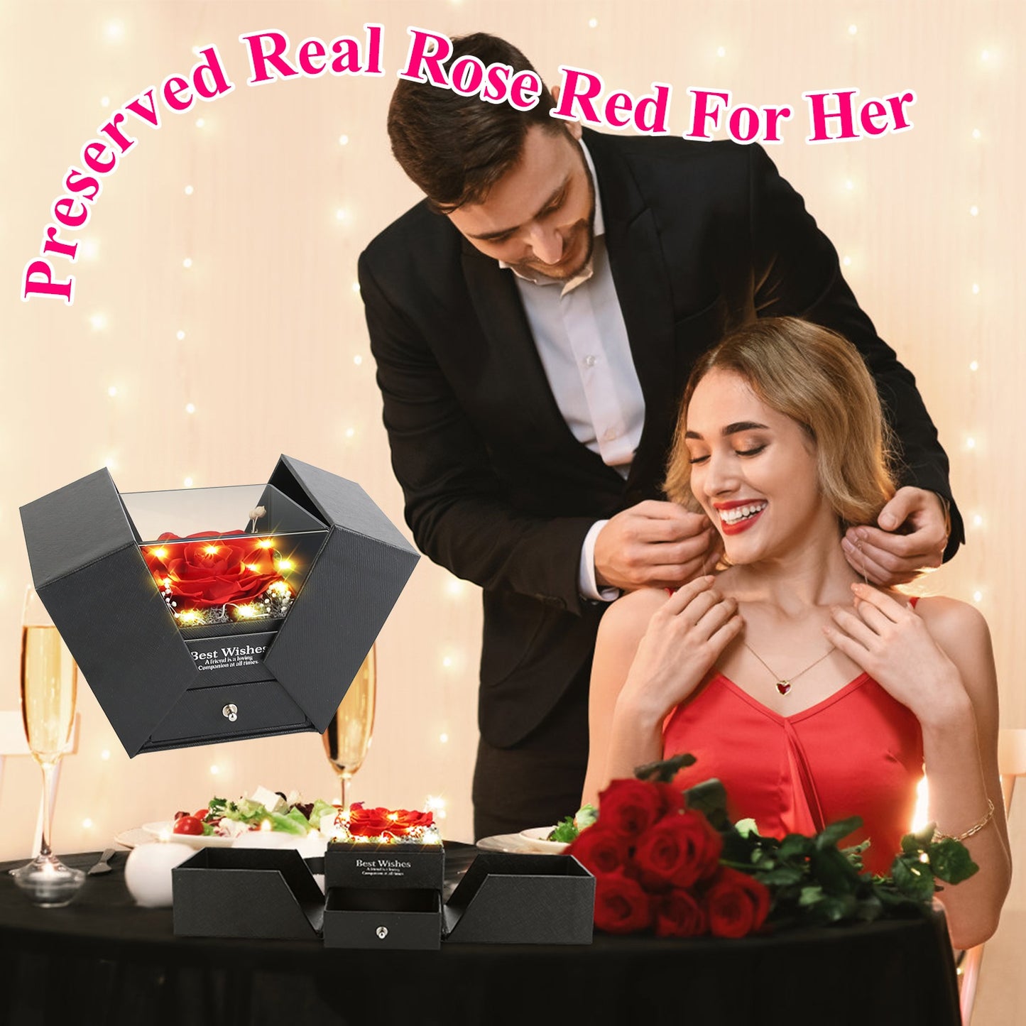1Pc Preserved Red Real Rose With Heart Necklace Eternal Flowers Rose With Golden Necklace Gifts For Women Mom Wife Girlfriend Grandma On Valentine Mother Day Christmas Anniversary