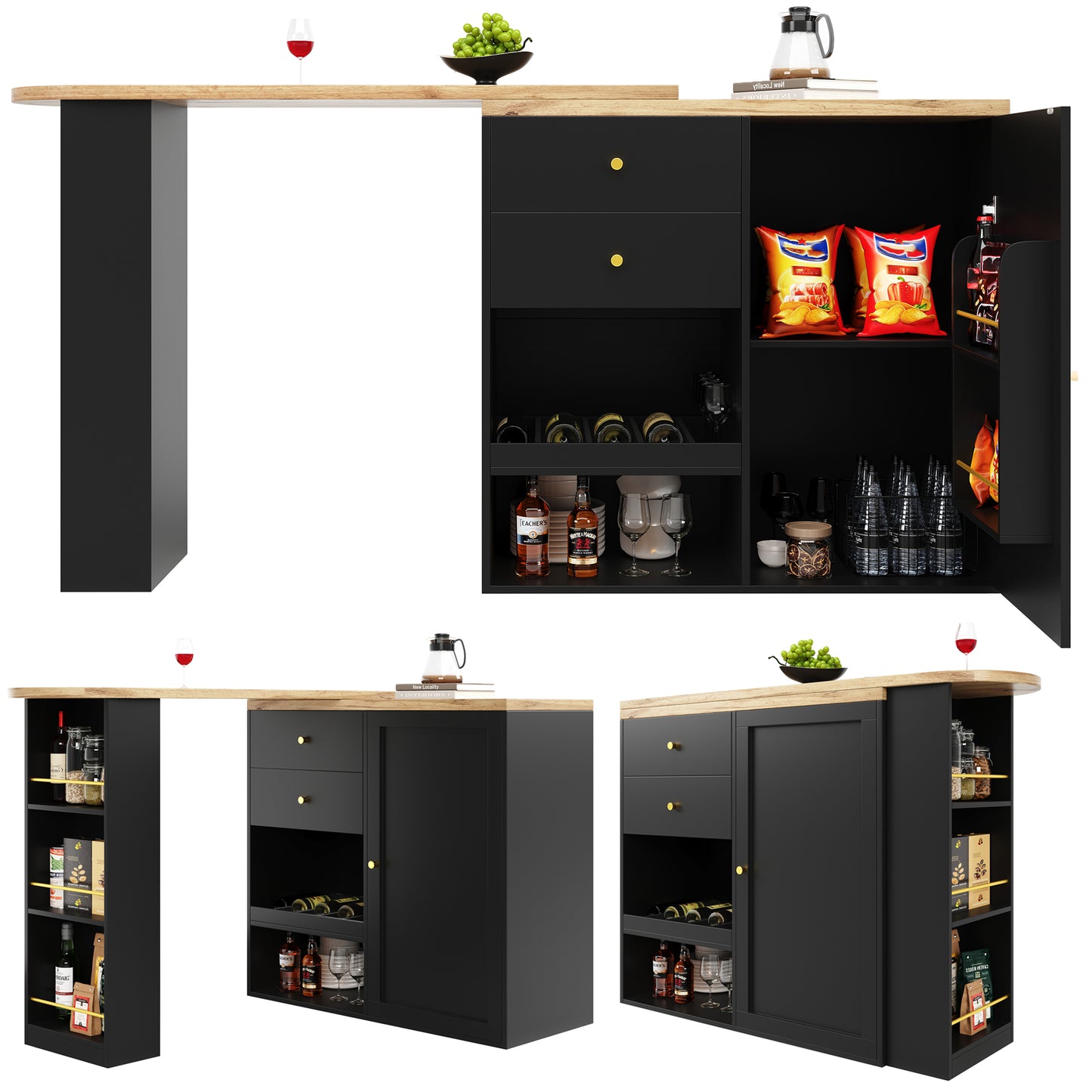 Swivel Bar Table  Main Body 105 X 39 X 102 Cm , With 2 Drawers And Sliding Door Cabinet, 3 Levels Of Open Storage, Suitable For Dining Room Study Living Room, Etc