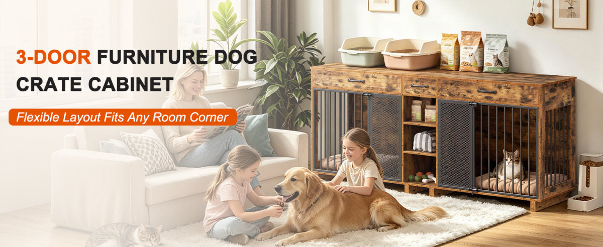 Large Wooden Dog Crate Furniture, Multi-Functional Pet Cage Cabinet with Storage