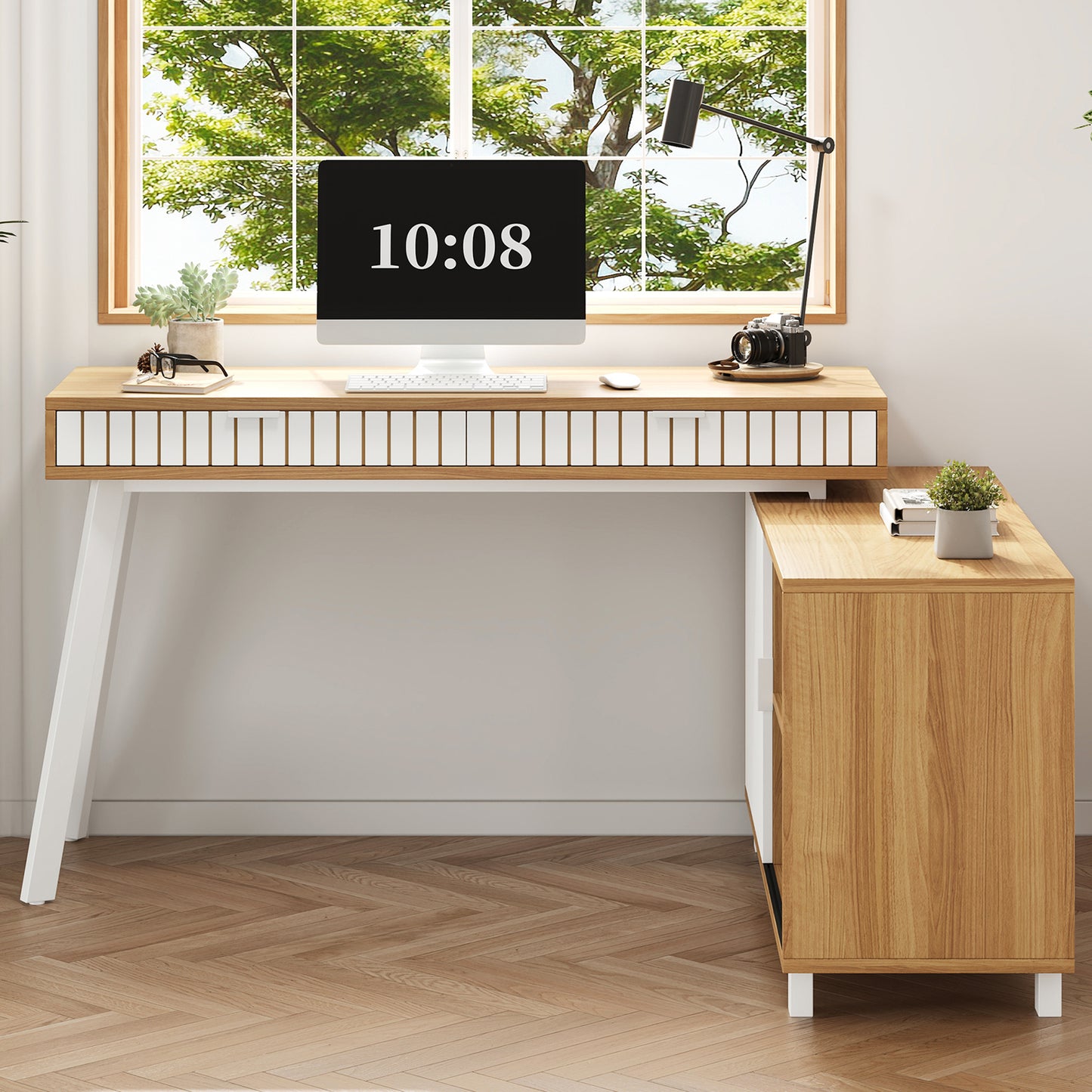 140x120x76.5cm L-shaped Desk, Modern Minimalist Style, Vertical Stripe Pattern, Steel Legs, Two Drawers, Spacious Cabinet, Natural Color  White.